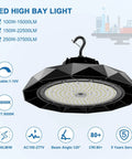 UFO LED High Bay Light 150W Dimmable Shop Warehouse Lighting 5000K 22500lm ETL Listed with unique geometric design.