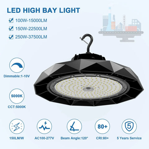 UFO LED High Bay Light 150W Dimmable Shop Warehouse Lighting 5000K 22500lm ETL Listed with unique geometric design.
