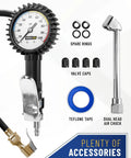 Heavy Duty Tire Inflator With Pressure Gauge And Extra Long Hose, Accurate Air Chuck For Cars And Trucks, 100 PSI Capacity, Durable Build For Quick Pro Grade Tire Inflation with accessories.