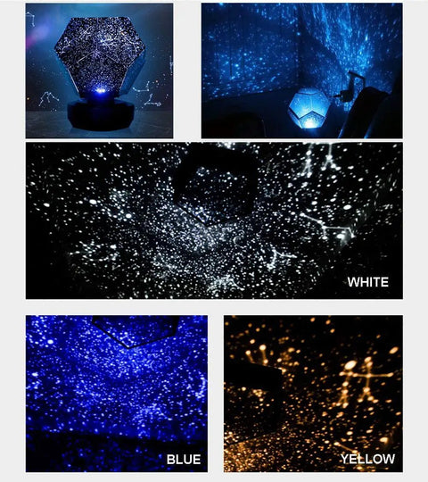 Galaxy Star LED Night Light Projector with Bluetooth, 3 color modes creating starry sky effects, white, blue, and yellow projections