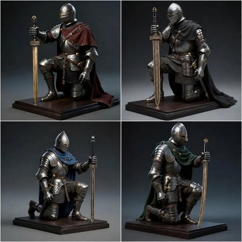 Knight figurines holding swords, kneeling with armor and cloaks, Ancient Sword Letter Opener Set With Sheaths 4 Piece Mini Sword