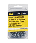 Premium Carbon Steel Floor Screws Silver 1.25 Inch 13 Gauge Nails For Aluminum Transition Strips Pack of ten in clear packaging.