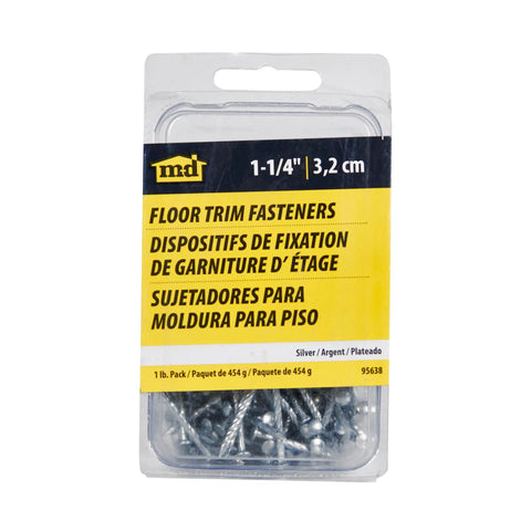 Premium Carbon Steel Floor Screws Silver 1.25 Inch 13 Gauge Nails For Aluminum Transition Strips Pack of ten in clear packaging.