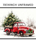 Watercolor Red Pickup Truck Wall Art Featuring a Christmas Tree in Tow for Cozy Farmhouse Holiday Decor Vibes, Unframed 11x14 Inch Print