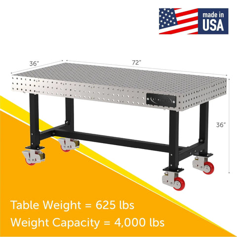 Heavy Duty 72 Inch Mobile Welding Station Built Tough With Locking Swivel Casters And Dead Nut Precision Holes Powder Coated Shop Table Made In Usa, shown with dimensions 72"x36".