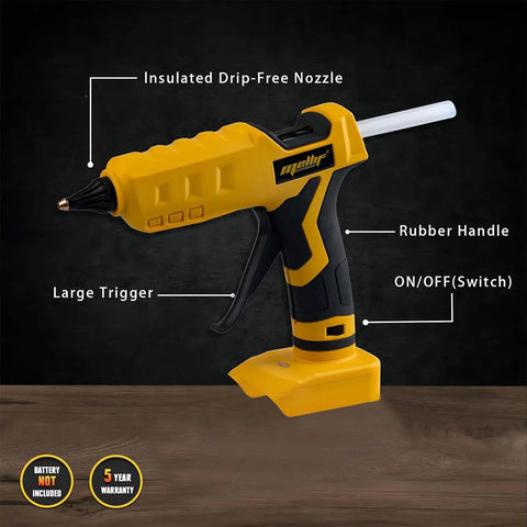 Cordless Hot Glue Gun For Arts And Crafts And DIY, Dewalt 20V Battery Compatible, full size with insulated nozzle and rubber handle