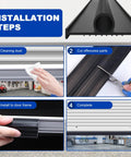 Garage door bottom rubber weather seal kit, black, 16 ft, 5/16 in T-ends; four-step installation collage.