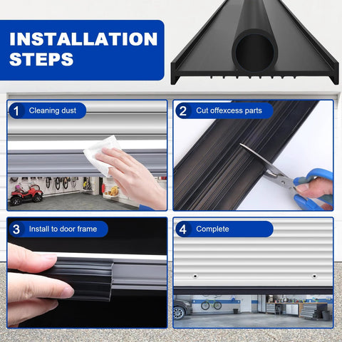 Garage door bottom rubber weather seal kit, black, 16 ft, 5/16 in T-ends; four-step installation collage.