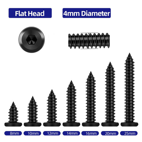 M4 x 12mm Black Self Tapping Screws 304 Stainless Steel Flat Head Hex Socket Cap Screws With Drive Bit Assortment