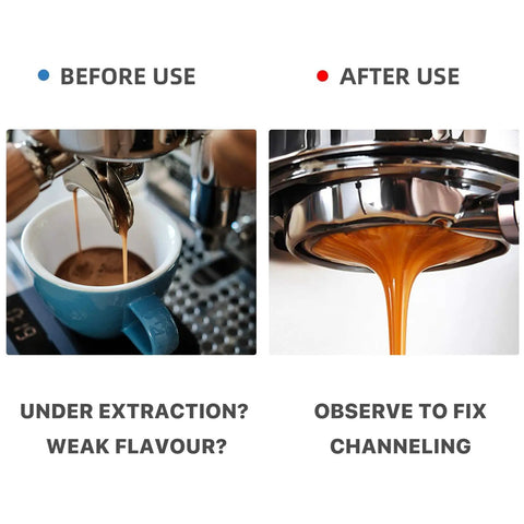 Comparison of espresso flow before and after using Bottomless 58mm Portafilter for Calphalon Temp IQ and Barsetto Espresso Machines.
