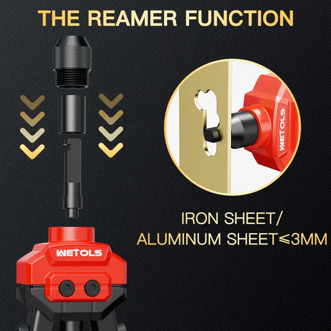 Wetols 3 In 1 Rivet Nut Gun Tool Kit With Reamer And Mandrels showing the reamer attachment for iron and aluminum sheets.