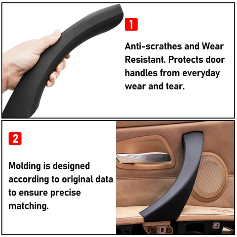 Door Handle Cover Set 6 Piece For BMW 3 Series E90 E91 E92 E93 2006 To 2011, easy install snap-on black cover shown in hand and on door.