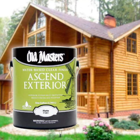 Clear Water Based Wood Finish Satin Matte Gallon 71001 in front of wooden house