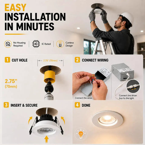 Step-by-step installation guide for Omilora 4 Inch Gimbal Recessed Lights, Adjustable Eyeball Downlight,12 Pack.