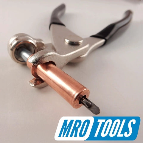 Cleco Kwik Lok Fasteners Set With Pliers And Carry Bag Fifty One Eighth Inch And Fifty Three Thirty Seconds Inch Copper Cleco Fasteners For Automotive Body Repair Drill Size Thirty Grip Range Zero To One Quarter Inch USA Made pliers with copper fastener