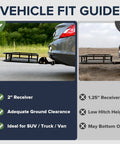 Vehicle fit guide showing Folding Hitch Cargo Basket Rack 60 Inch 23 Inch 5.5 Inch Beefy 500 Lb Capacity attached to car's 2-inch receiver