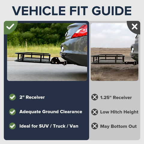 Vehicle fit guide showing Folding Hitch Cargo Basket Rack 60 Inch 23 Inch 5.5 Inch Beefy 500 Lb Capacity attached to car's 2-inch receiver