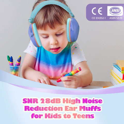 Child wearing Kids Noise Cancelling Headphones With Up To 29dB Noise Reduction, Soft Headband, focused on coloring.