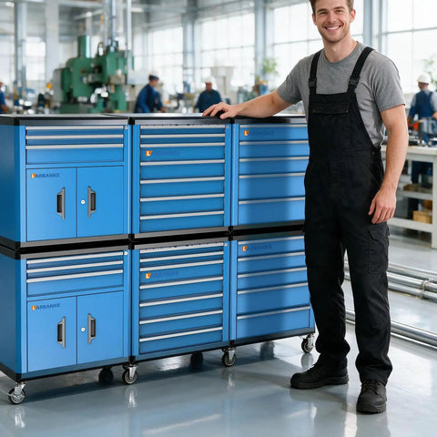 Heavy Duty Rolling Tool Chest With Seven Deep And Shallow Drawers Lockable Mobile Tool Cabinet On Swivel Wheels For Garage Organization Big Power Tools And Small Hardware Blue Shop Workhorse Storage Cart, man standing beside carts.
