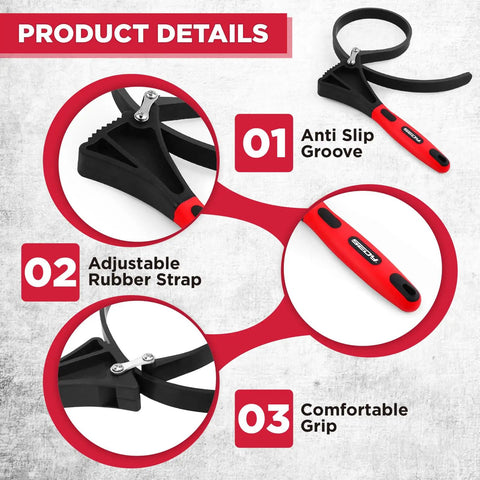 Product details of Heavy Duty Rubber Strap Adjustable Wrench Set, Includes 6 Inch And 4 Inch Wrenches, showing anti-slip groove, adjustable rubber strap, and comfortable grip.