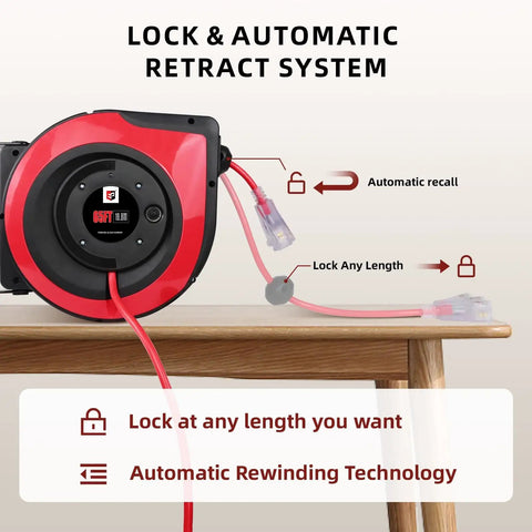 Retractable Extension Cord Reel With 65 Feet Of 12 AWG Heavy Duty Power Cord 15 Amp Breaker Three Lighted Outlets Tangle Free