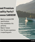 Graphic banner for SARUEIR boat parts; beige-gray design with a speedboat on turquoise water and SARUEIR logo.