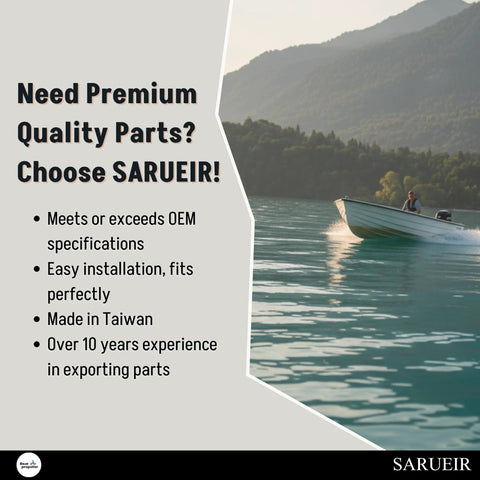 Graphic banner for SARUEIR boat parts; beige-gray design with a speedboat on turquoise water and SARUEIR logo.