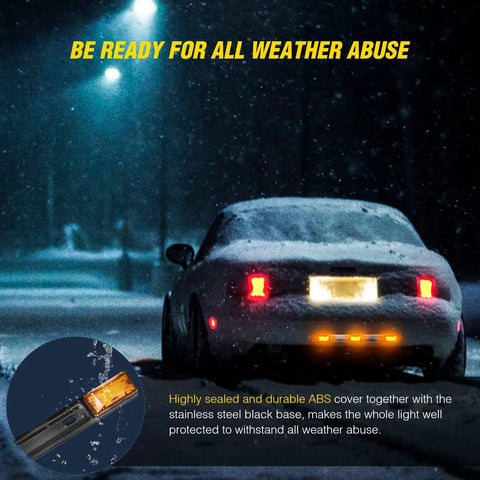 14.2 Inch 9 LED Trailer Light Bar Amber Clearance Marker Rear Lights For Wide Trailers 80 Inches Or Wider With Wide Angle Beam Ultra Bright Light Heat Dissipating SMD LEDs Durable And Glare Free installed on a snow-covered car