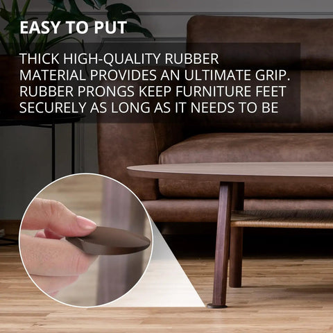 Close-up of 30 Pack 2 Inch Brown Rubber Furniture Levelers with non-slip grip under a wooden table.