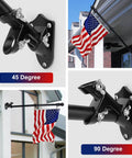 Heavy Duty Aluminum Flag Holder Bracket For House Exterior That Cuts Through Wind And Rain Dual Position Adjustable Zero Rust One Inch Black Flag Pole Mount at 45 and 90 degrees.