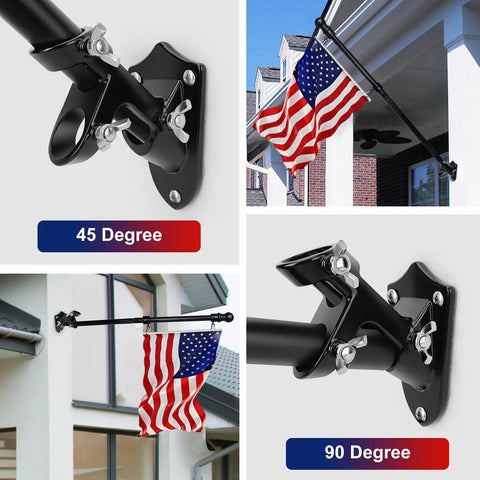 Heavy Duty Aluminum Flag Holder Bracket For House Exterior That Cuts Through Wind And Rain Dual Position Adjustable Zero Rust One Inch Black Flag Pole Mount at 45 and 90 degrees.