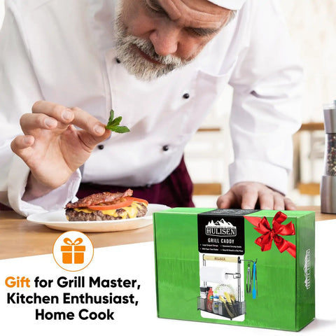 Gift box of Grill Caddy With Built In Paper Towel Holder For Outdoor BBQ Grilling And Tailgating shown on a table.
