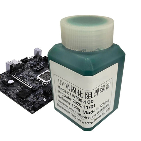 Solder Green Epoxy UV Solder Mask For Circuit Boards, PCB Insulation Masking Ink bottle next to electronic circuit board