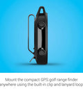 Side view of Approach G12 Clip On Golf GPS Rangefinder With 42k Plus Preloaded Courses showing clip and lanyard loop.