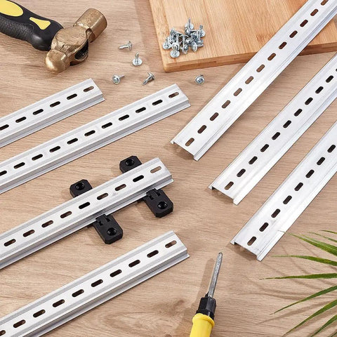 Ten Piece 12 Inch Aluminum DIN Rails Top Hat Slotted 35mm Wide 7mm High With Screws for automation equipment on wooden surface
