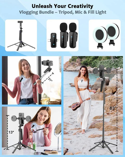 All In One Vlogging Kit For iPhone And Android With 63 Inch Auto Face Tracking Tripod Light Wireless Microphone And Scroll Remote