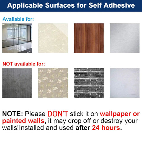 Chart showing applicable and non-applicable surfaces for Self Adhesive Bathroom Towel Bar 16 Inch Brushed Nickel Stainless Steel No Drilling Wall Mounted Rack Waterproof Stick On Hanger Modern Bathroom Organizer