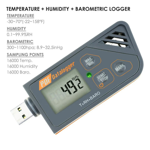 Usb Temperature Data Logger With Real Time Humidity And Barometric Pressure Monitoring displaying temperature and humidity levels.