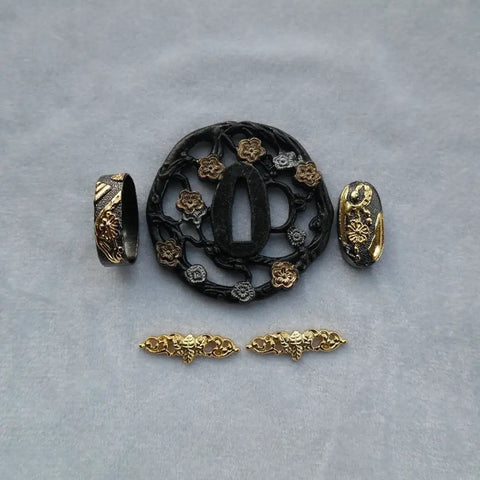 Samurai Sword Koshirae Tsuba Fuchi Kashira Menuki Set Alloy DTZH Series For Custom Build 19 48 with detailed floral design