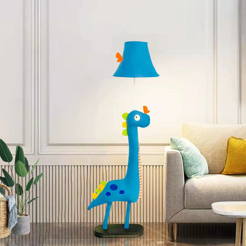 Blue Dinosaur Kids Floor Lamp With Adjustable Height From 50 Inches To Taller Modern Hand Stitched Toy Standing Lamp in living room