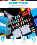 Close-up of 2026 Car Fuse Kit with 30 piece standard and low profile box fuses, showing various automotive fuses in a circuit board.