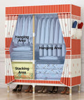 Gotta Love This Portable Canvas Wardrobe Folding Storage Organizer With Steel Rod featuring hanging and stacking areas for clothes.