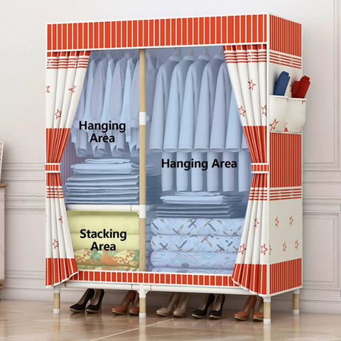 Gotta Love This Portable Canvas Wardrobe Folding Storage Organizer With Steel Rod featuring hanging and stacking areas for clothes.