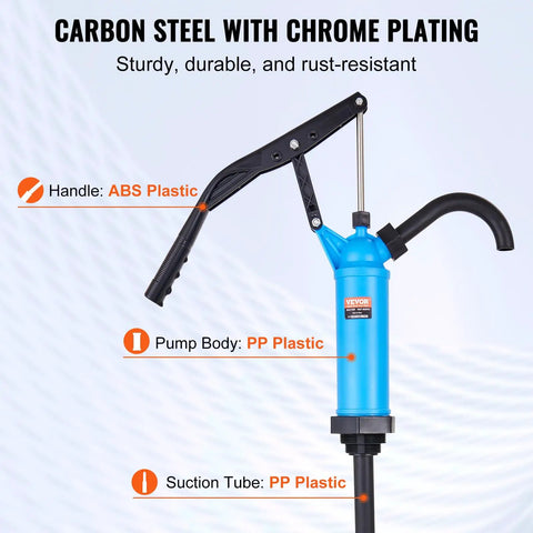 Straight Up Dead Simple Lever Action Drum Pump fits 5 to 55 gallon barrels, features carbon steel with chrome plating.