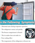 Man checking fridge with text overlay and Refrigerator Evaporator Fan Motor With Silent Sponge For Quiet Operation Replacement Compatible With RF Series Models RF18 RF20 RF22 RF23 RF24 RF25 RF26 RF28 RF30 RF31 RF323 RF34 RF4267 RT16 Easy Install Durable Low Noise Cooling.