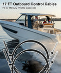 17Ft Gen I Outboard Engine Throttle And Shift Cables For Mercury 33C next to boat on water, showcasing fit for marine engines.
