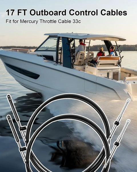 17Ft Gen I Outboard Engine Throttle And Shift Cables For Mercury 33C next to boat on water, showcasing fit for marine engines.