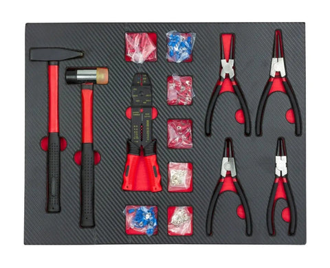 Top view of 420 Piece Home DIY Hand Tools Set With Organizer Box, showing pliers and hammers in a red/black EVA tray.
