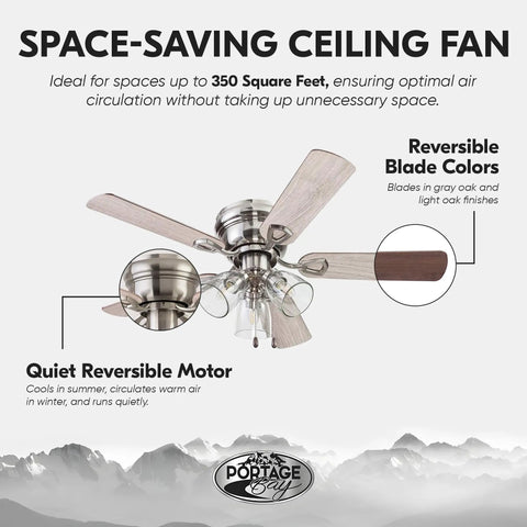 42 Inch Brushed Nickel Ceiling Fan With LED Light Kit Quiet Indoor Cooling For Rooms Up To 350 Sq Ft 3 Speeds 5 Reversible Blades