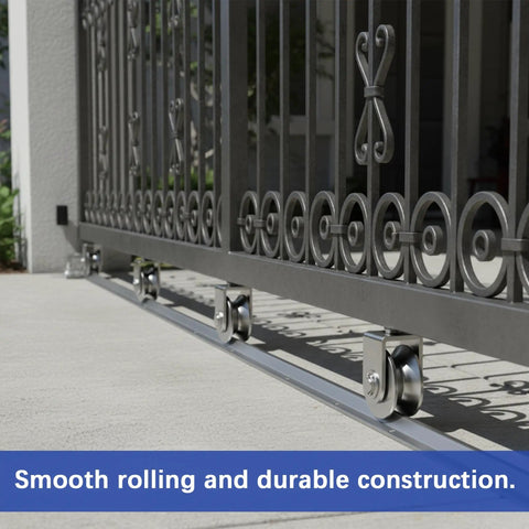 24 Ft Galvanized V Track For 1 In V Groove Gate Rollers Beefy Heavy Duty Driveway Gate Track With Hammer Drive In Anchors Rust Resistant Inverted V Rail For Smooth Sliding Gates, installed under a sliding gate